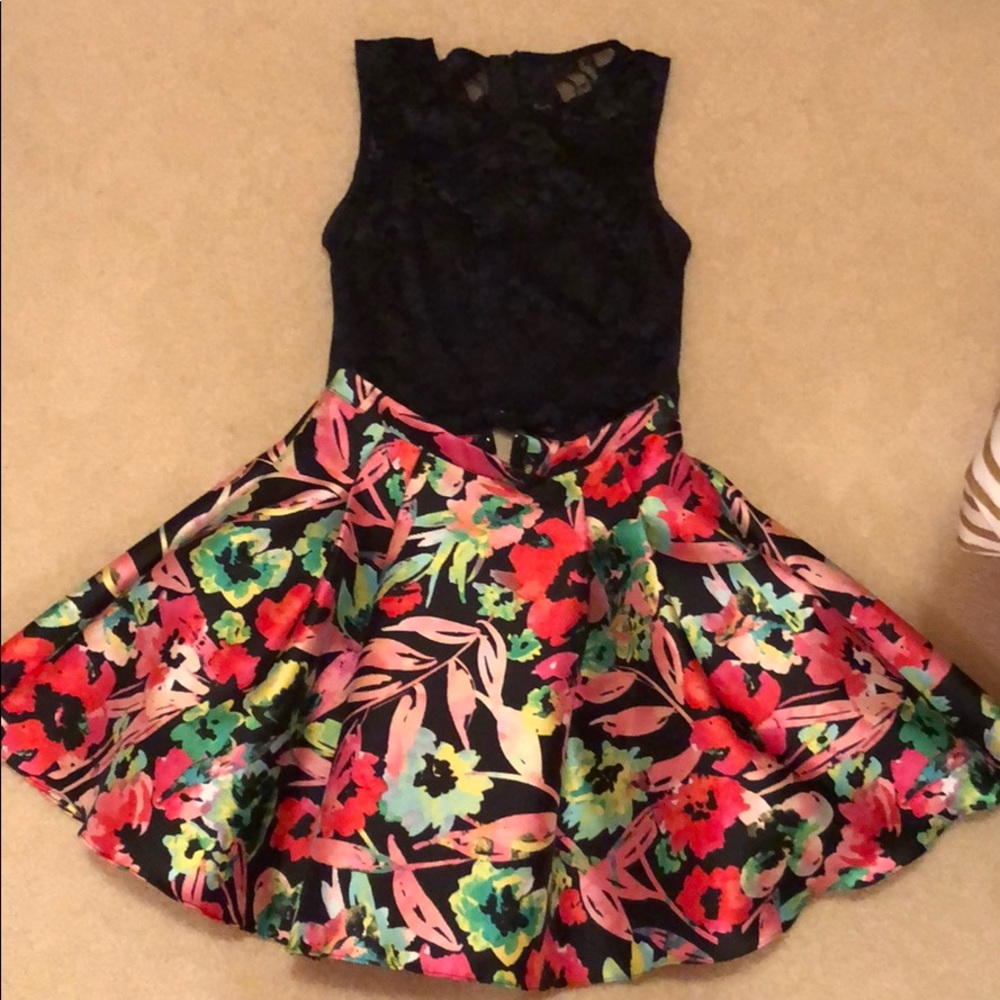 Two piece, black and neon floral dress.